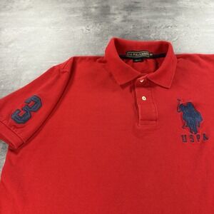 USPA Polo Shirt Men XL Boxy Crop Fit Red Big Pony Patch Logo Rugby‎ Prep Navy